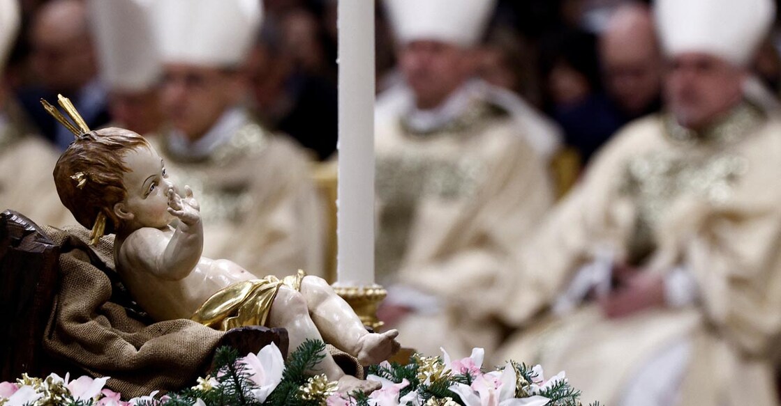A figurine of baby Jesus is pictured during the Christmas Eve Mass celebrated by Pope Francis in St. Peter's Basilica at the Vatican, December 24, 2024. REUTERS/Guglielmo Mangiapane