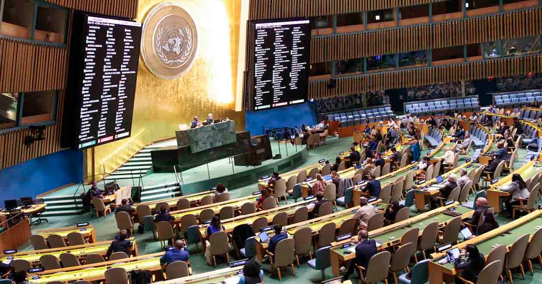 A screen show the vote results from the resolution "Peaceful settlement of the question of Palestine" at the General Assembly 46th plenary meeting on December 3, 2024, at UN headquarters in New York City. (Photo by Kena Betancur / AFP)