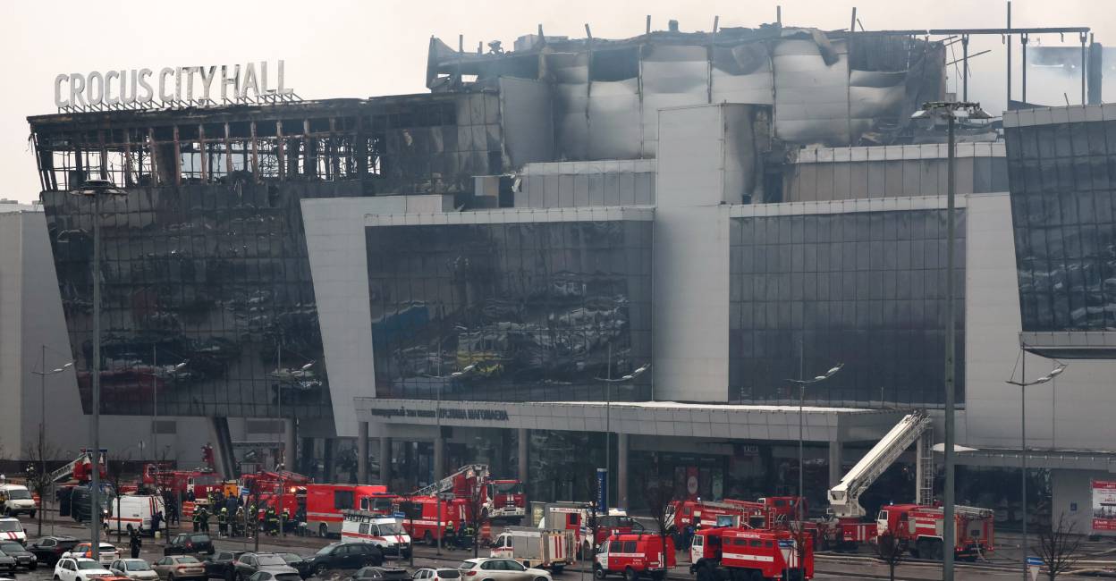 moscow-shooting-c Members of emergency services work at the scene of the gun attack at the Crocus City Hall concert hall in Krasnogorsk, outside Moscow. Photo: AFP