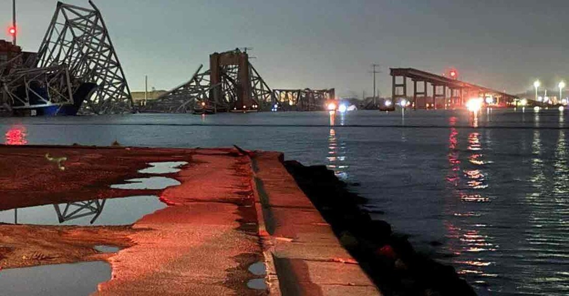 Emergency personnel operate at the scene of the Francis Scott Key Bridge collapse in Baltimore, Maryland, U.S., in this picture released on March 26, 2024. Photo: Harford County MD Fire & EMS/Handout via REUTERS