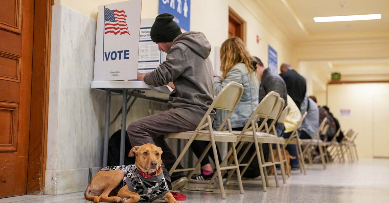 USA-ELECTION A dog waits for its owner to finish voting at the San Francisco City Hall voting center during the Super Tuesday primary election in San Francisco, California, U.S. March 5, 2024. REUTERS/Loren Elliott