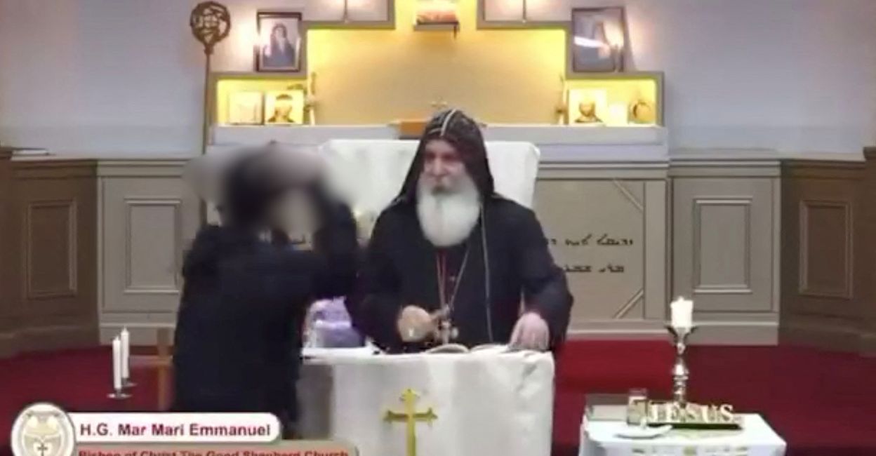 An attacker approaches Bishop Mar Mari Emmanuel during a church service at Christ The Good Shepherd Church in Wakeley, Sydney, Australia April 15, 2024 in this still image from social media livestream video obtained by Reuters.