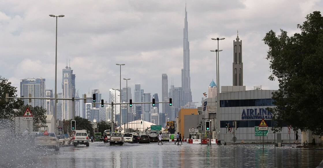 A general view of flood water caused by heavy rains, with the Burj Khalifa tower visible in the background, in Dubai on April 17, 2024. File photo: Reuters/Amr Alfiky