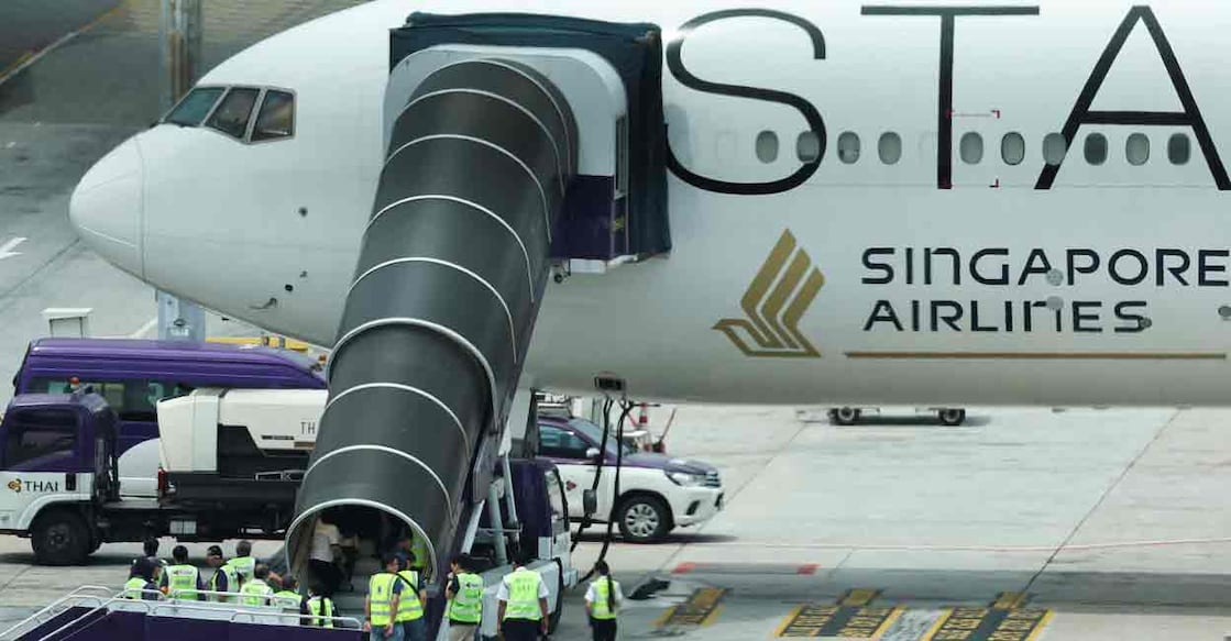 A Singapore Airlines aircraft is seen on tarmac after requesting an emergency landing at Bangkok's Suvarnabhumi International Airport, Thailand, May 21, 2024. Photo: Pongsakornr Rodphai/Handout via REUTERS