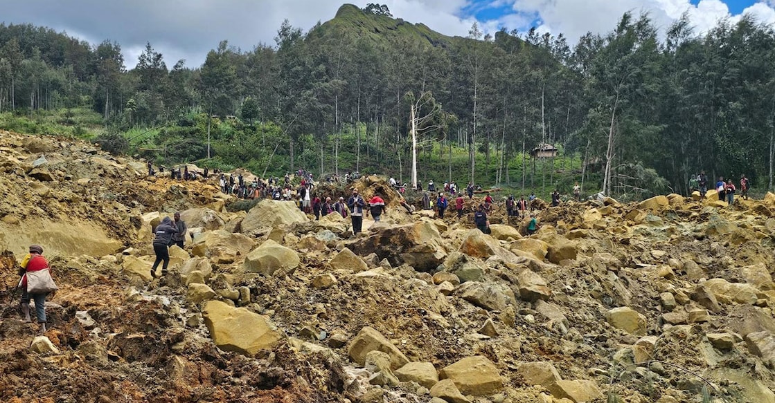 PAPUA-LANDSLIDE View of the damage after a landslide in Maip Mulitaka, Enga province, Papua New Guinea. Photo: Shared by Reuters/Emmanuel Eralia