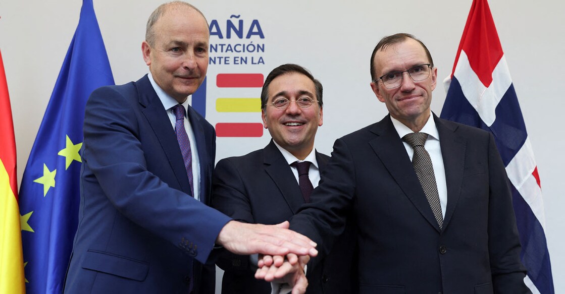 Spanish Foreign Minister Jose Manuel Albares, Norway's Foreign Minister Espen Barth Eide and Ireland's Foreign Minister Micheal Martin gesture after a press conference in Brussels on May 27, 2024. Photo: Reuters/Johanna Geron