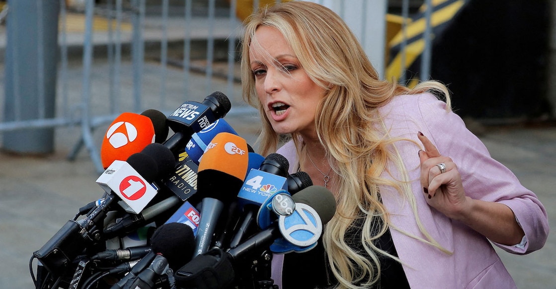 Adult-film actress Stephanie Clifford, also known as Stormy Daniels, speaks as she departs federal court in the Manhattan borough of New York City, New York on April 16, 2018. File photo: Reuters/Lucas Jackson