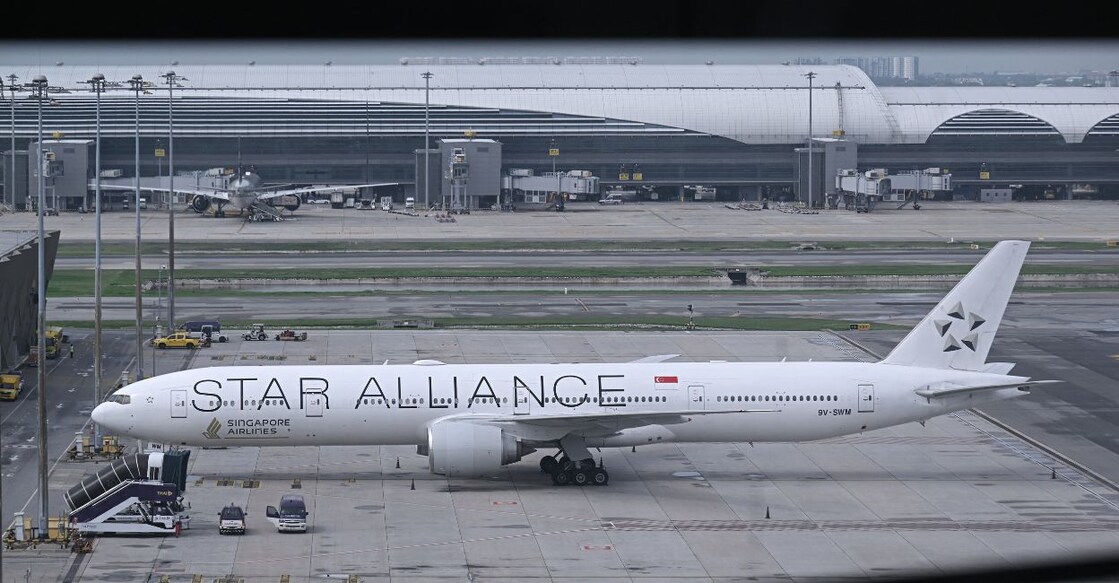 The Singapore Airlines Boeing 777-300ER aeroplane, which made an emergency landing in Bangkok due to severe turbulence, on the tarmac at Suvarnabhumi International Airport in Bangkok on May 22, 2024. File Photo: Lillian Suwanrumpha/AFP