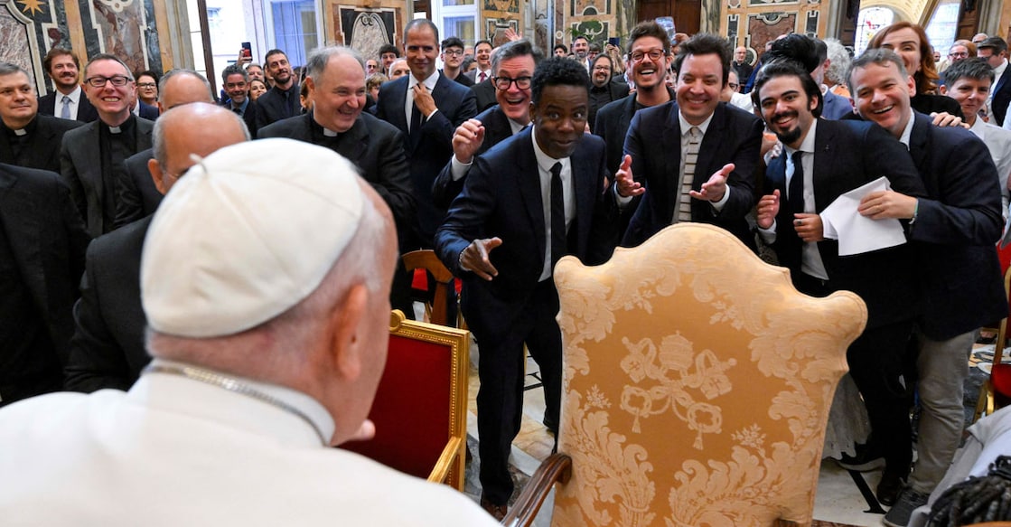 Pope Francis meets with comedians during a cultural event at the Vatican, June 14, 2024. Photo: Vatican Media/Handout via Reuters