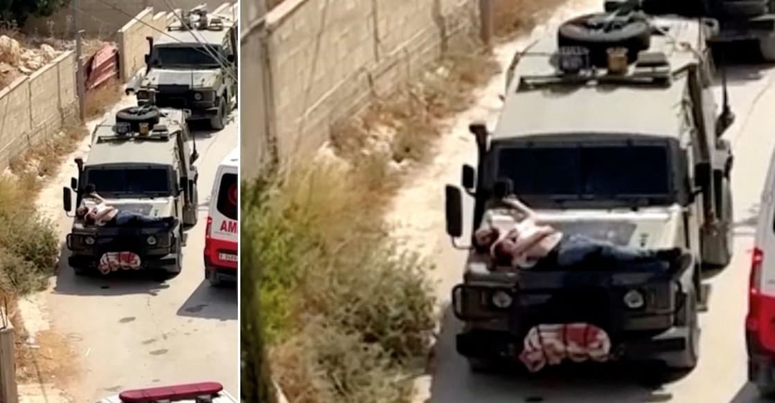 Israeli army straps Palestinian on military jeep during raid in Jenin, in this screengrab from a video, in the Israeli-occupied West Bank, June 22, 2024. Photo: Reuters TV