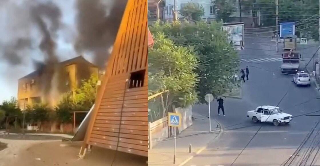 russia-gunmen-attack Plumes of smoke rising from a building attacked by the gunmen, in Derbent, Russia and a shooting scene on the street of Makhachkala. Photo: Reuters