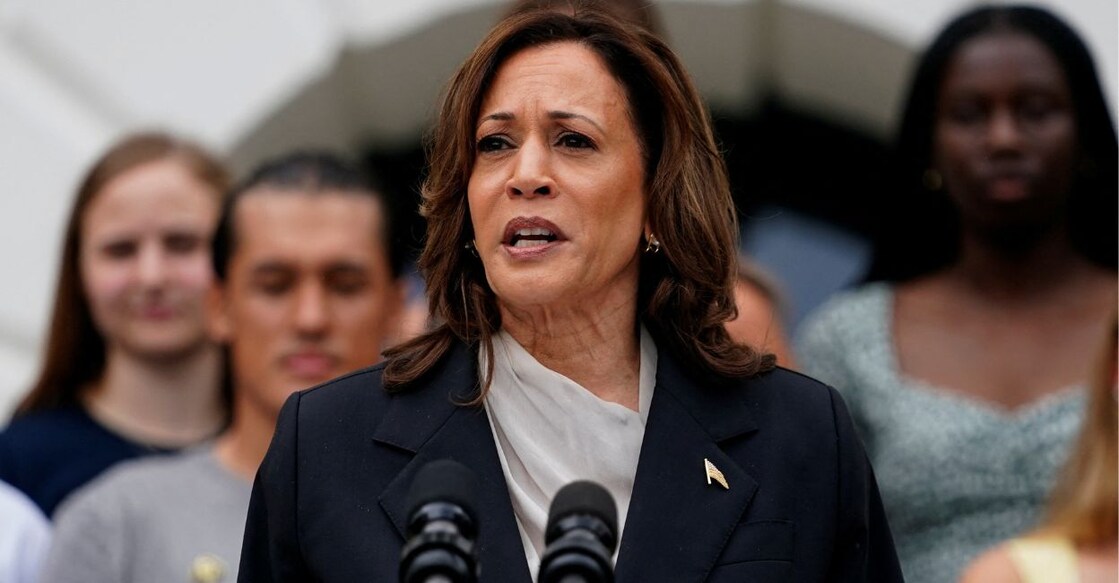 US Vice President Kamala Harris delivers remarks to the women and men's National Collegiate Athletic Association (NCAA) Champion teams in her first public appearance since President Joe Biden dropped out of the 2024 race, on the South Lawn of the White House, Washington on July 22, 2024. Photo: Reuters/Nathan Howard