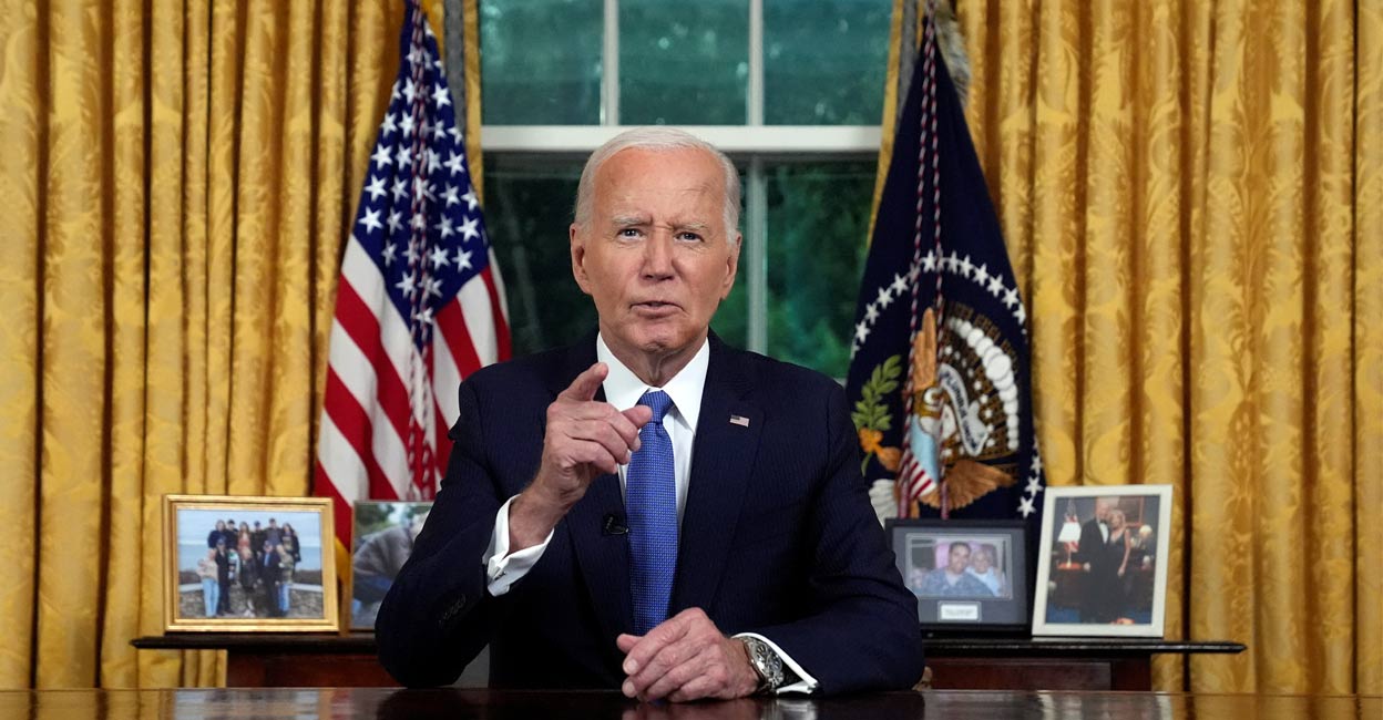 Joe Biden addresses the nation from the Oval Office of the White House in Washington. Photos: Reuters. 