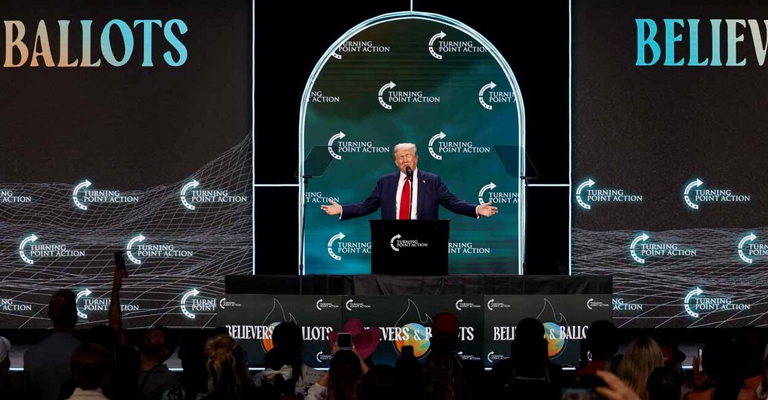 USA-ELECTION-TRUMP Republican presidential nominee and former US President Donald Trump speaks at Turning Point Action's The Believers Summit 2024 in West Palm Beach, Floridaon Friday. Photo: Reuters/Marco Bello