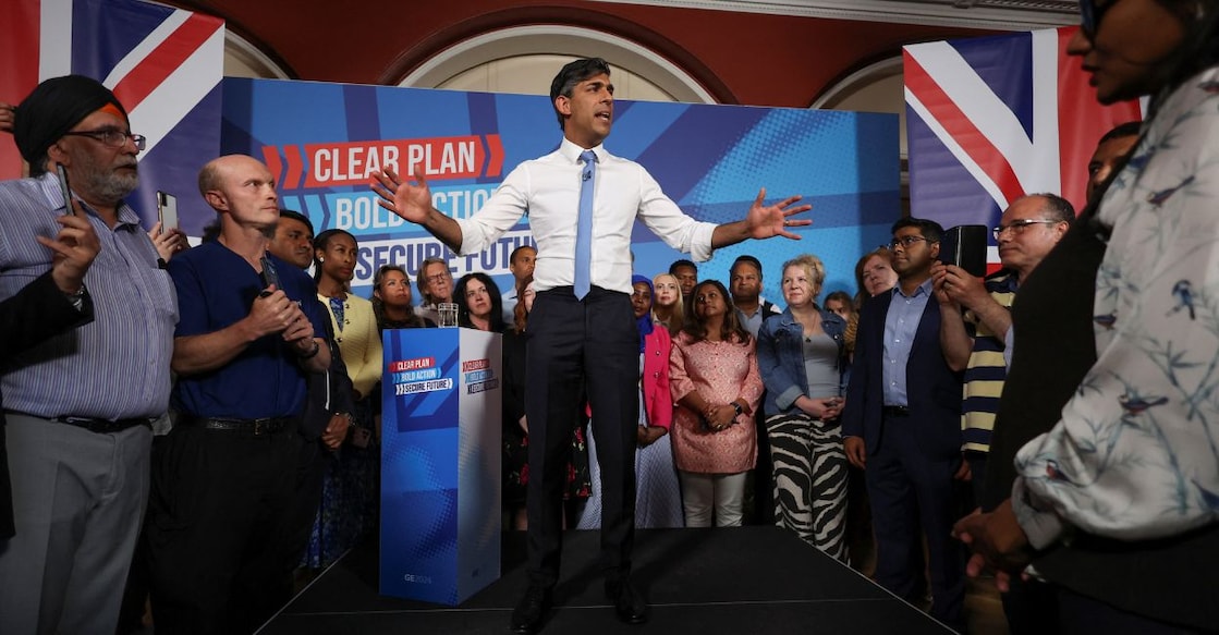 British Prime Minister Rishi Sunak speaks during a Conservative general election campaign event, in London, Britain June 24, 2024. Photo: Reuters/Phil Noble