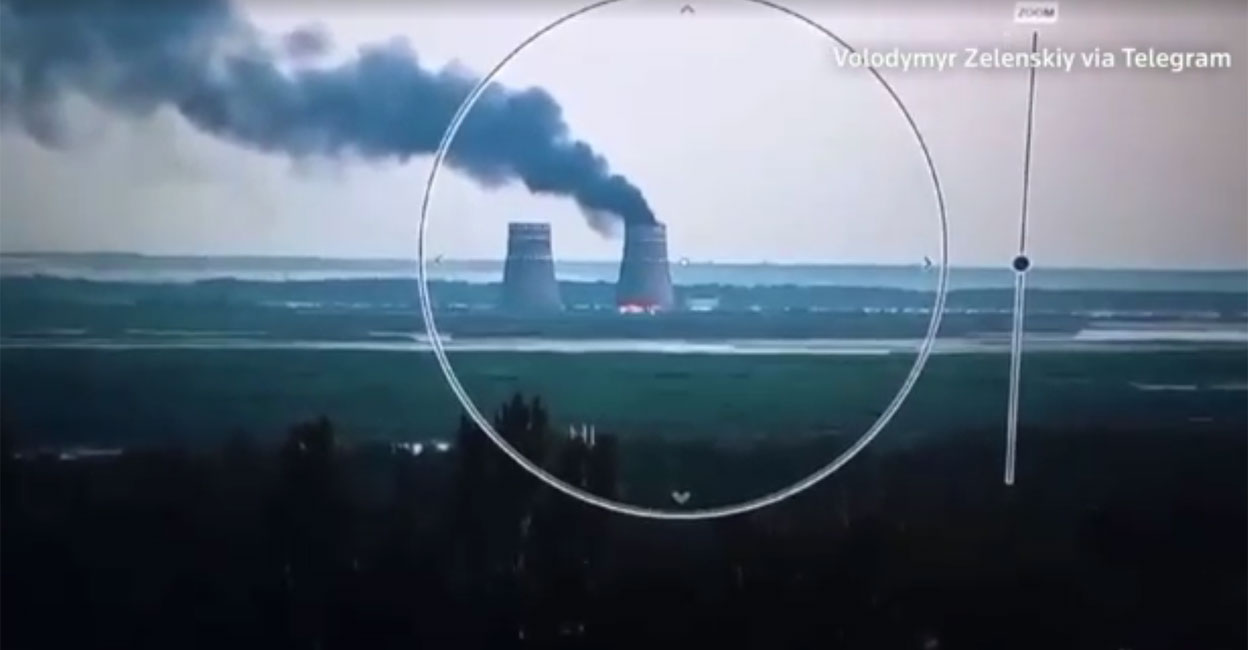 zaporizhzhia-nuclear-power-plant-fre Ukraine’s leader Volodymyr Zelenskiy published a video showing smoke spewing from a nuclear cooling tower at the Zaporizhzhia nuclear power plant. Photo: Screengrab