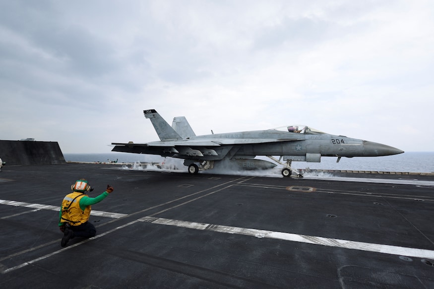 ISRAEL-PALESTINIANS-USA File photo: A F/A-18E Super Hornet fighter, USS Dwight D. Eisenhower, Red Sea, February 13, 2024. REUTERS/Hamad I Mohammed