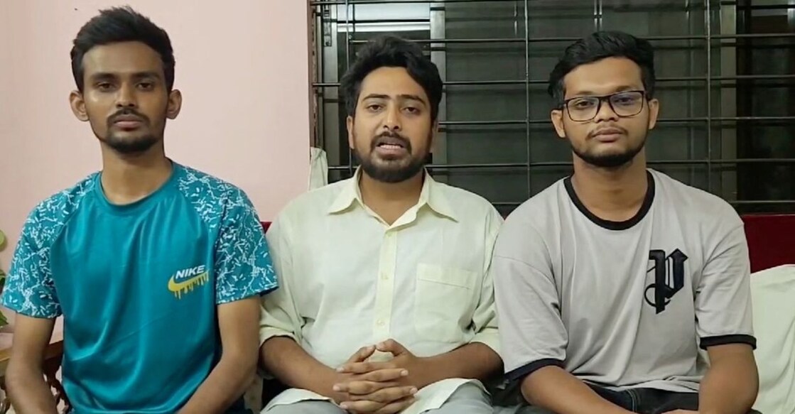 bangladesh-chaos.jpg (From left) Asif Mahmud, Nahid Islam, and Abu Bakar Majumder issue a statement in Dhaka, Bangladesh, in this screengrab from a social media video released on August 6, 2024. Photo: Reuters/Asif Mahmud via Facebook