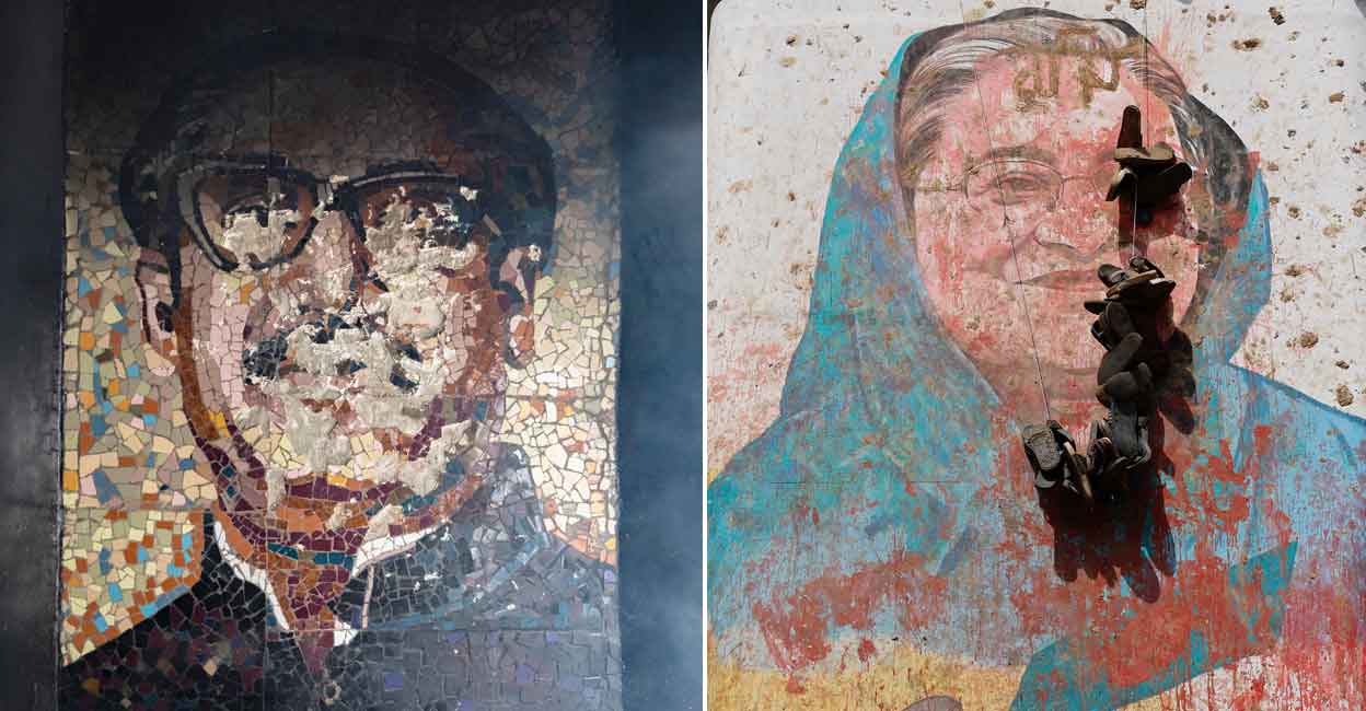 mujibur-hasina-grafitti-defaced 1) A portrait of Sheikh Mujibur Rahman, Bangladesh's founding father and parent of the country's ousted Prime Minister Sheikh Hasina, lies damaged at the Bangabandhu Memorial Museum, vandalised by anti-government protestors in Dhaka on August 6, 2024. Photo: AFP/Salahuddin Ahmed. 2)A view shows a mural of Bangladeshi Prime Minister Sheikh Hasina vandalised by protesters, a day after her resignation, in Dhaka, Bangladesh, August 6, 2024. Photo: Reuters/Mohammad Ponir Hossain