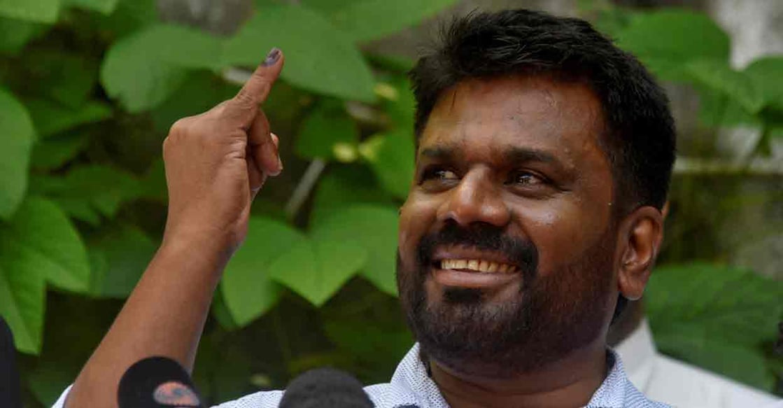 SRI-LANKA-ELECTION Anura Kumara Dissanayake, the presidential candidate from National People's Power, speaks to the press after casting his vote at a polling station, on the day of the presidential election, in Colombo, Sri Lanka, September 21, 2024. Photo: REUTERS/Stringer