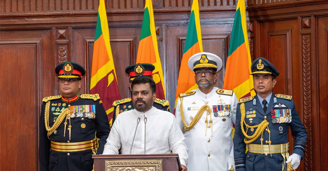 Sri Lanka's newly elected President Anura Kumara Dissanayake addresses a gathering after taking his oath of office at the Presidential Secretariat, in Colombo, Sri Lanka, September 23, 2024. Sri Lanka President Media/Handout via REUTERS