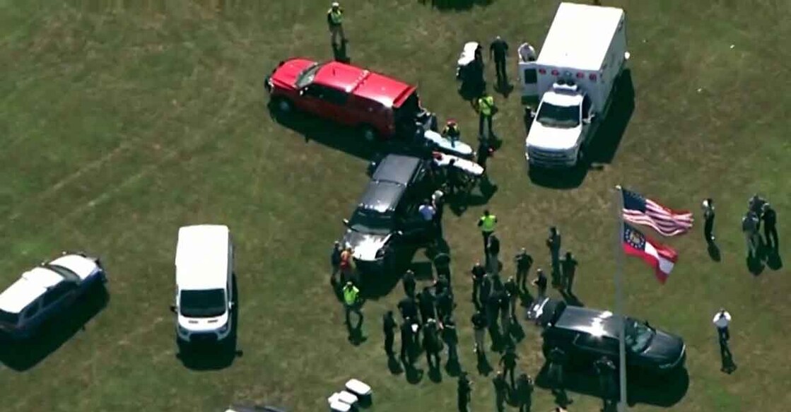 First responders gather after law enforcement officers responded to a fatal shooting at Apalachee High School in a still image from aerial video in Winder, Georgia, U.S. September 4, 2024. Photo: ABC affiliate WSB via Reuters