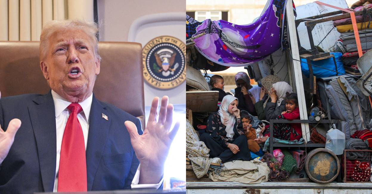 Us president Donald Trump (left), Palestinians cross the Netzarim corridor from the southern Gaza Strip into the northern part (right). Photo: AFP
