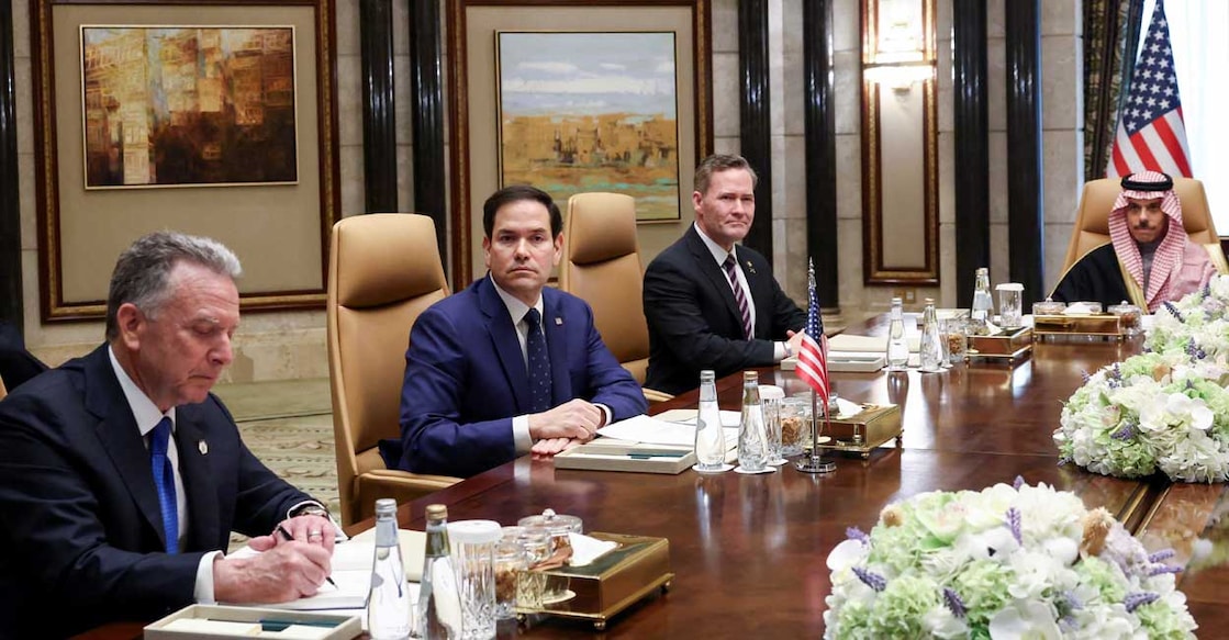 US Secretary of State Marco Rubio sits next to US National Security Advisor Mike Waltz and US Middle East envoy Steve Witkoff during a meeting with Saudi Foreign Minister Prince Faisal bin Farhan Al Saud, Saudi National Security Advisor Mosaad bin Mohammad Al-Aiban and Russian officials. Photo: REUTERS/Evelyn Hockstein
