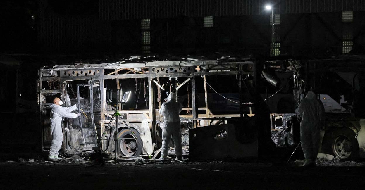 ISRAEL-EXPLOSIONS-CONFLICT-BUSES Bus explosion site near Tel Aviv. Photo: AFP