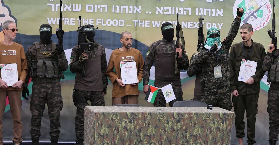 hamas-release-hostages-c Or Levy, Eli Sharabi and Ohad Ben Ami, hostages held in Gaza since the deadly October 7, 2023 attack. Photo: Reuters