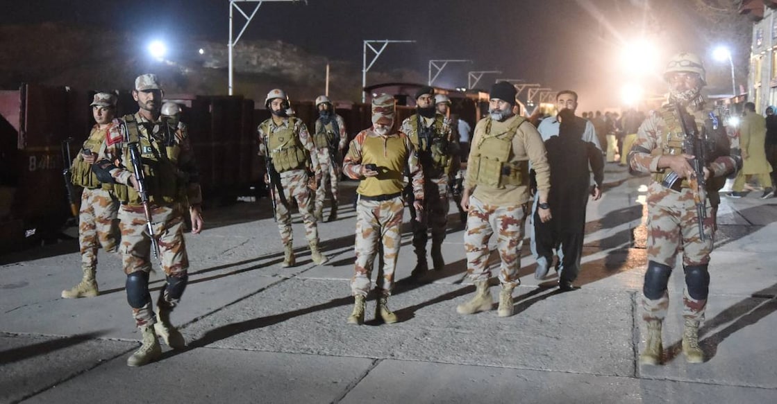 Soldiers secure Mach railway station after Pakistani security forces freed some passengers from the train hijacked by militants. Photo: AFP