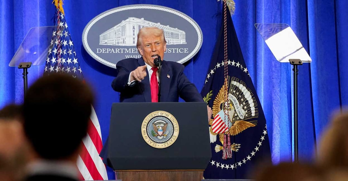 A file photo of US President Donald Trump speaking during his visit to the Department of Justice to address its workers. Photo: REUTERS/Nathan Howard
