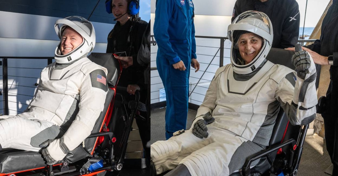 This photo provided by NASA shows NASA astronauts Butch Wilmore and Sunita Williams being helped out of a SpaceX Dragon spacecraft on board the SpaceX recovery ship MEGAN. Photo: AFP