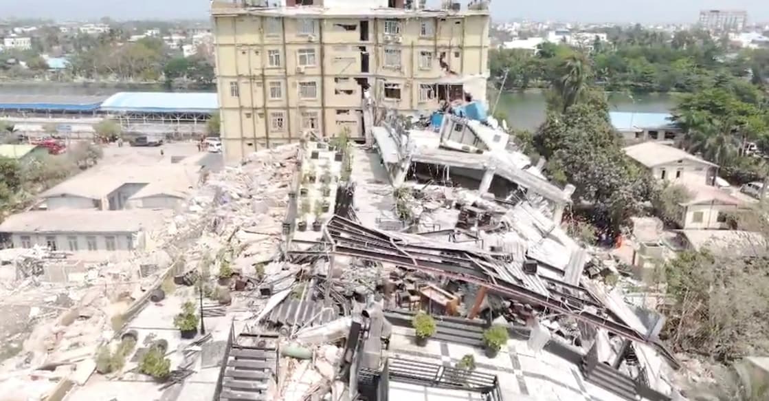 An aerial view shows flattened buildings and one damaged following an earthquake in Mandalay region, Myanmar, in this screen grab obtained from a social media video released March 31, 2025. Photo: Myanmar Fire Services Department via Facebook/via REUTERS