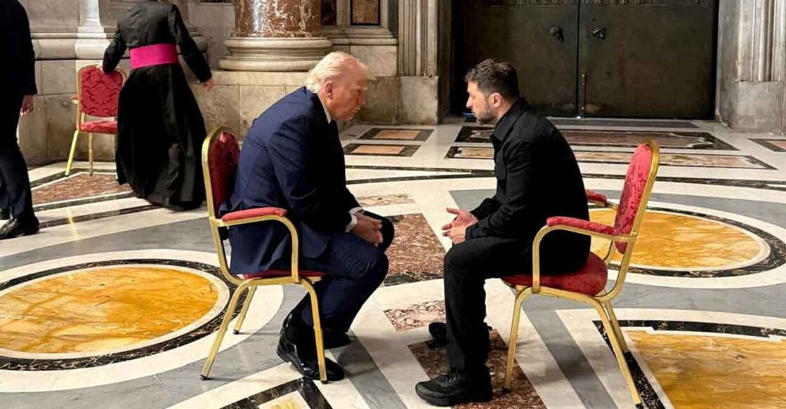 UKRAINE-CRISIS-ZELENSKIY-TRUMP Ukraine's President Volodymyr Zelenskiy and US President Donald Trump appear at a meeting, while they attend the funeral of Pope Francis, at the Vatican April 26, 2025. Photo: Ukrainian Presidential Press Service/Handout via REUTERS