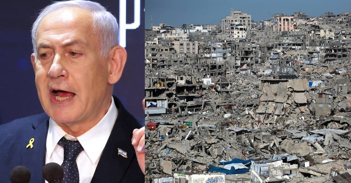 Israeli Prime Minister Netanyahu and a view of bombed Gaza. Photo: AFP