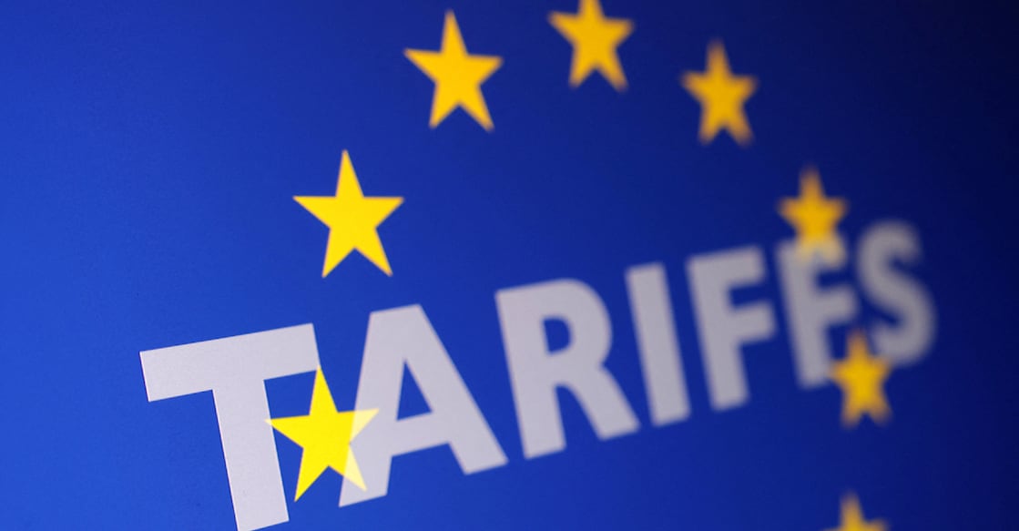 Modern graphic representation of EU tariff retaliations with emphasis on Germany's statements, featuring trade charts and maps.