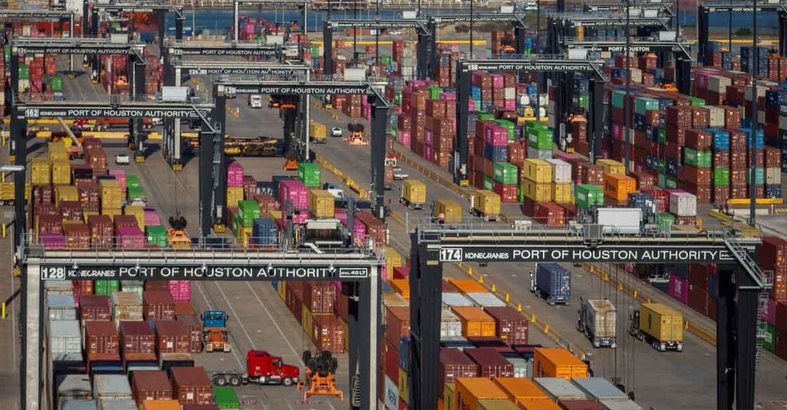 A drone view shows trucks as they transport cargo at the Bayport Container Terminal in Seabrook, Texas on April 7, 2025. Photo: Reuters/Adrees Latif