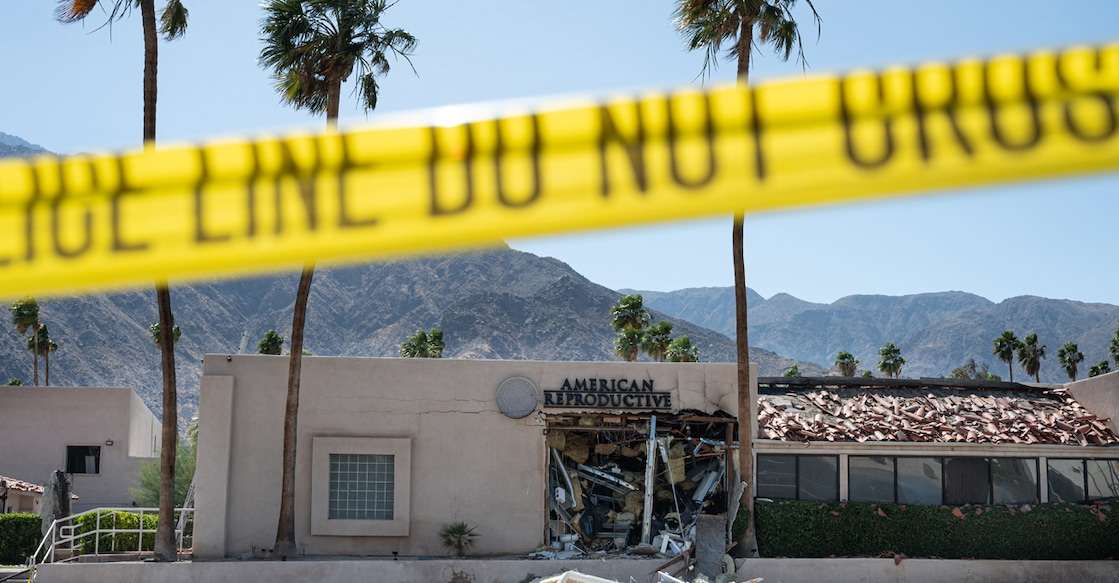 A police line is seen outside a damaged American Reproductive Centers fertility clinic after a bomb blast outside the building in Palm Springs, California, on May 17, 2025. Photo: Gabriel Osorio / AFP