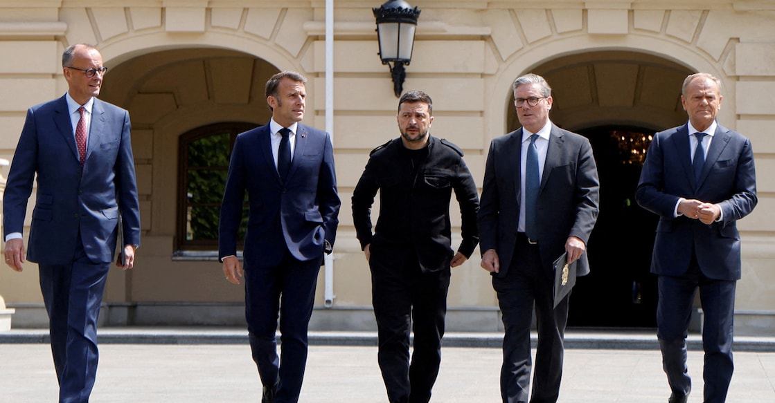 zelenskiy-eu-leaders-britain A file photo of German Chancellor Friedrich Merz, French President Emmanuel Macron, Ukranian President Voloydmyr Zelensky, British Prime Minister Keir Starmer and Polish Prime Minister Donald Tusk walk in the grounds of the Mariynsky Palace, in Kyiv, Ukraine. Photo: Ludovic Marin/Pool via REUTERS