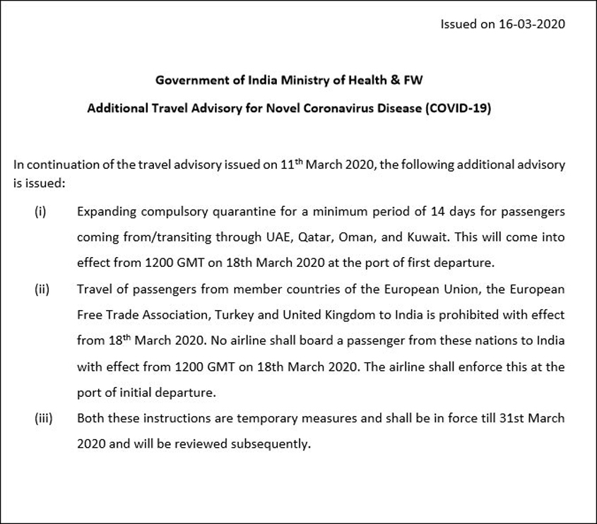 indian government travel advisory covid 19