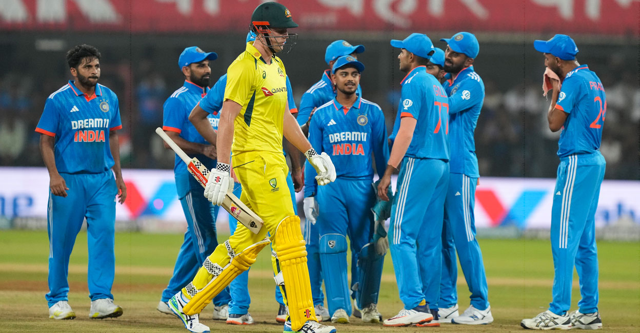 Indian palyers celebrate the wicket of Australia's Cameron Green during the second ODI at Holkar Stadium in Indore, Sunday. Photo: PTI/Arun Sharma