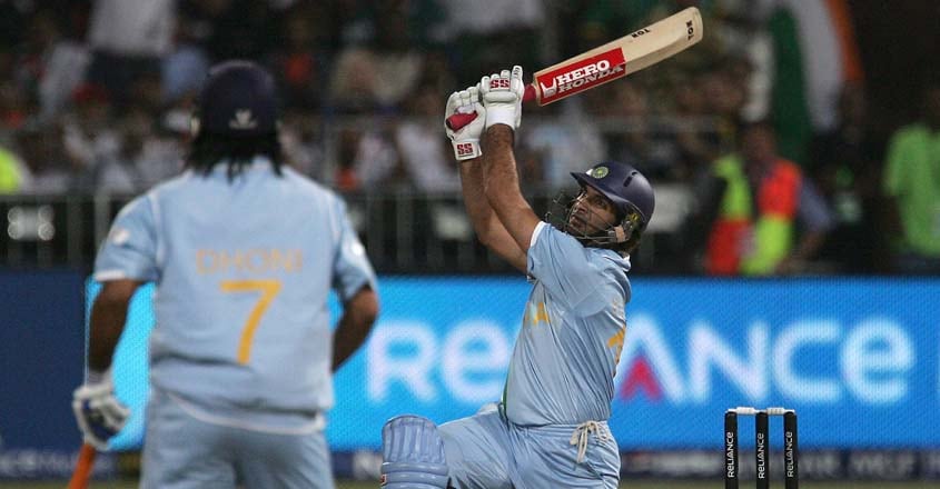 CRICKET-WC2007-T20-ENG-IND India's Yuvraj Singh slams his 4th 6run off the ball of England's Stuart Broad at Kingsmead Stadium in Durban, 19 September 2007 during the Twenty20 cricket world championship match. AFP PHOTO / ALEXANDER JOE (Photo by ALEXANDER JOE / AFP)
