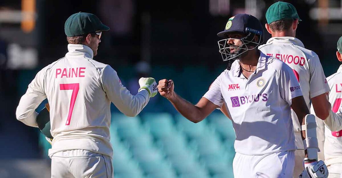 Australia captain Tim Paine and R Ashwin greet each other at the end of the Sydney Test. Photo: AFP