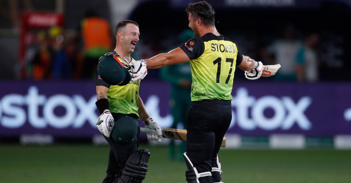 Wade & Stoinis Matthew Wade and Marcus Stoinis celebrate their win. Photo: Reuters