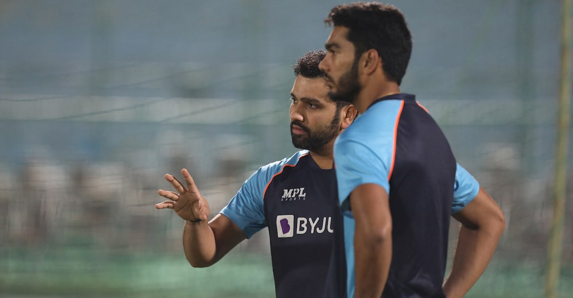 Rohit Sharma & Venkatesh Iyer Rohit Sharma has a word with newcomer Venkatesh Iyer. Photo: Twitter/BCCI