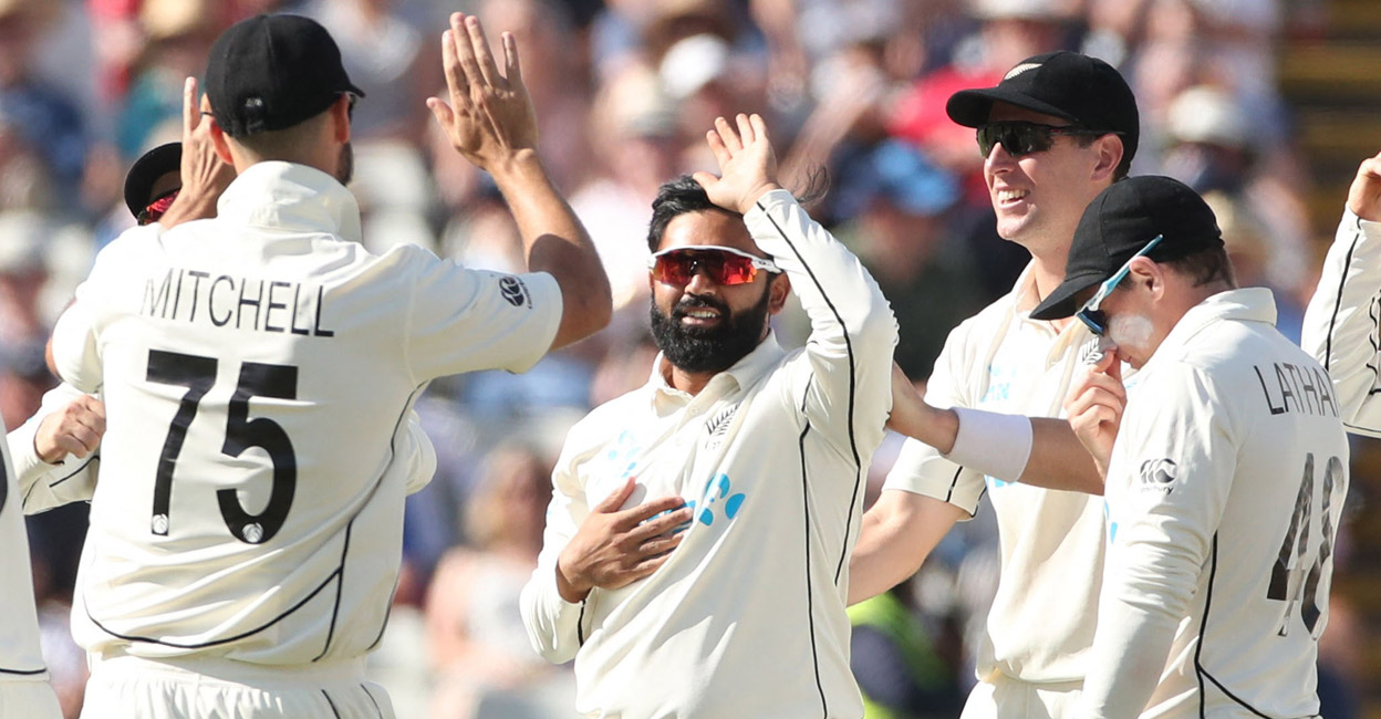 Ajaz Patel, centre, had become only the third bowler to pick up all 10 wickets in an innings of a Test. File photo: Reuters/Peter Cziborra