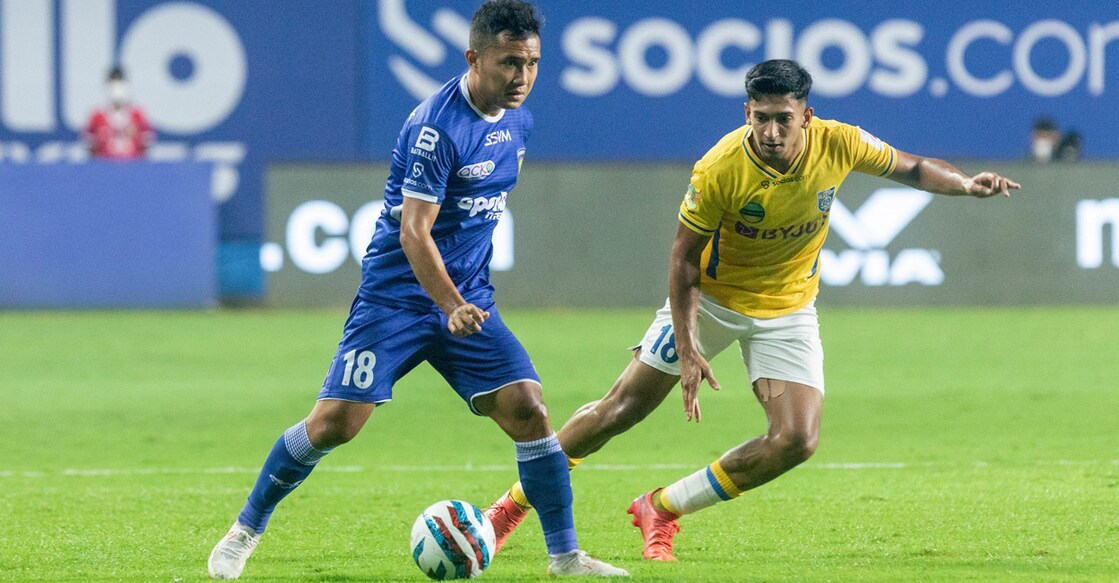 Sahal Abdul Samad, right, in action against Chennaiyin FC. Photo: ISL
