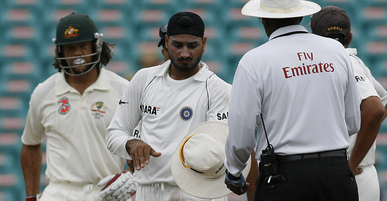 Andrew Symonds and Harbhajan Singh during the infamnous Sydney Test in 2008. File photo: AFP/Prakash Singh
