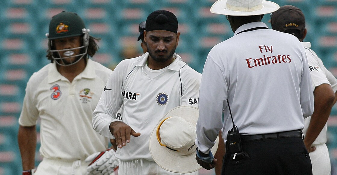 Andrew Symonds and Harbhajan Singh during the infamnous Sydney Test in 2008. File photo: AFP/Prakash Singh